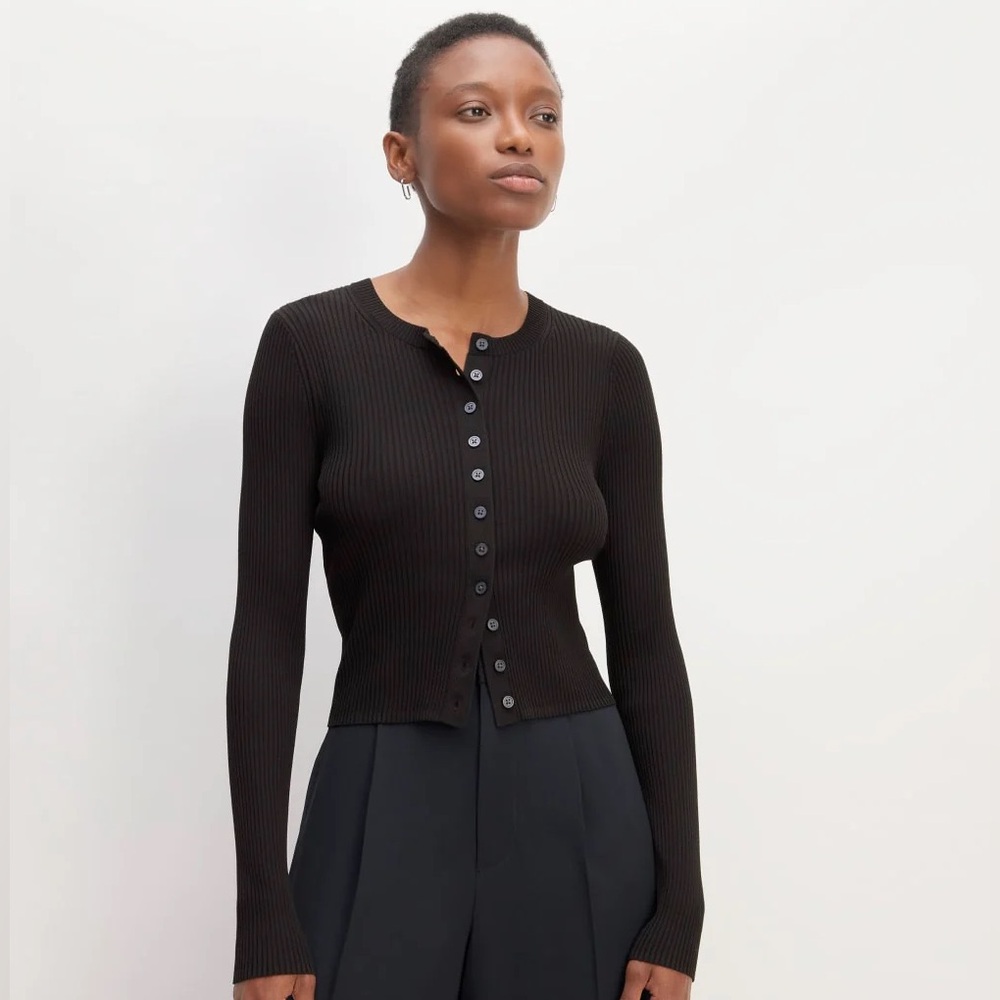 Everlane The Ribbed Cropped Cardigan - Black Small